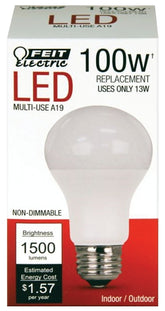 Feit Electric A1600/827/10KLED LED Lamp, General Purpose, A19 Lamp, 100 W Equivalent, E26 Lamp Base, White